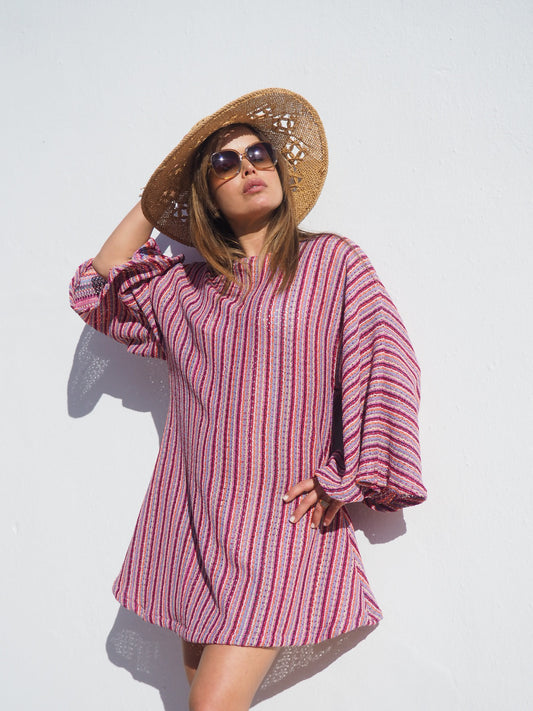 Retro dead stock fabric up-cycled pink striped bell sleeve dress made by Vagabond Ibiza