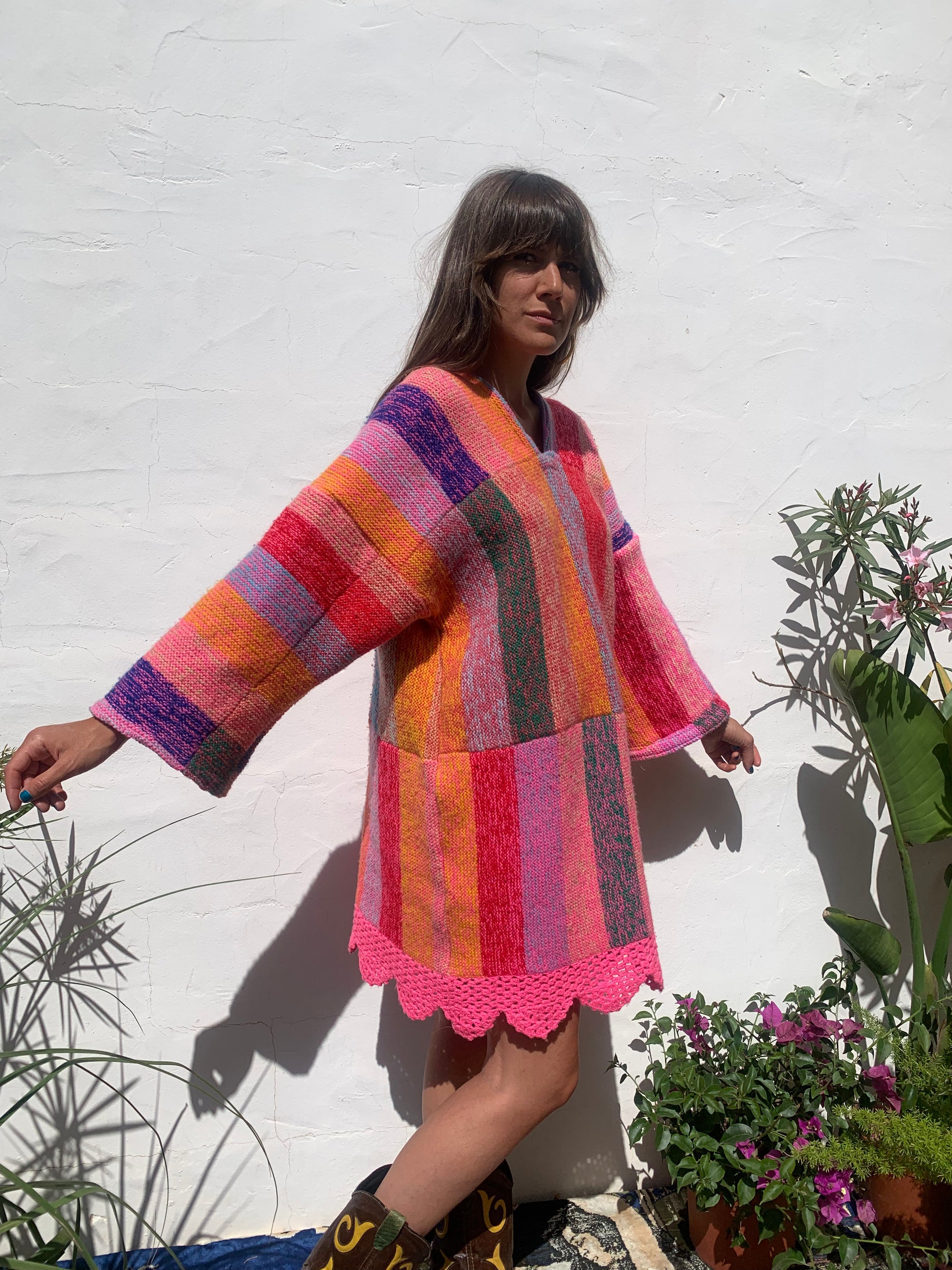 colourful waistcoat, Vintage Crochet Jacket, up cycled jacket , handmade jacket, striped jacket , vintage jacket, 1970s jacket , long waistcoat, slow fashion , sustainable fashion, vintage shop, ibiza vintage shop, ibiza style, bohemian jacket, boho jacket, colourful jacket, festival jacket, hippie style, 70s clothing, original vintage, recycled fashion brand, sustainable fashion brand, slow fashion brand, rainbow fashion, knitted jacket, woven jacket, winter jacket, crochet jumper, vintage fashion, 